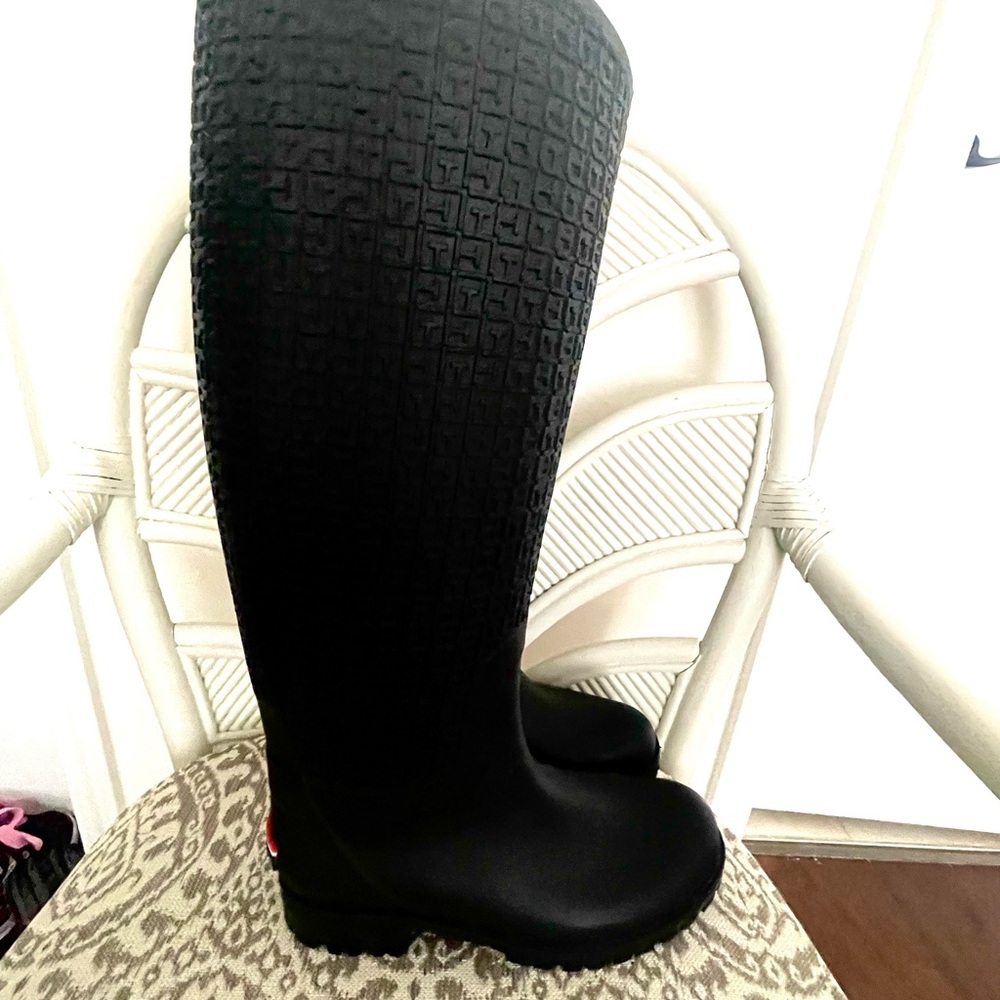 Tommy Hilfiger Black Raised Monogrammed Knee-High Rubber Rain Boots - Picture 8 of 14
